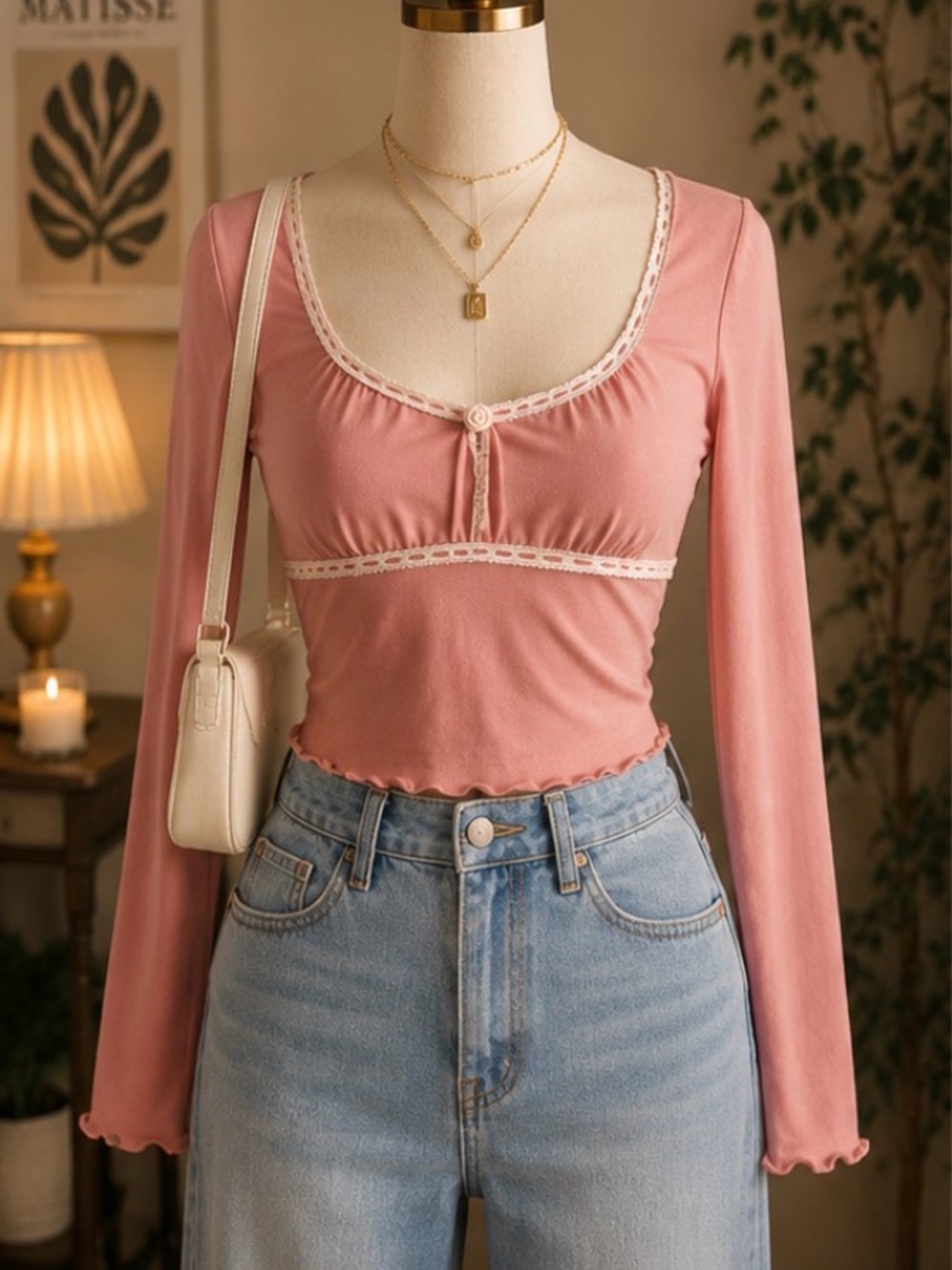 Women’s Pink Long-Sleeve Scoop Neck Lace Trim Top